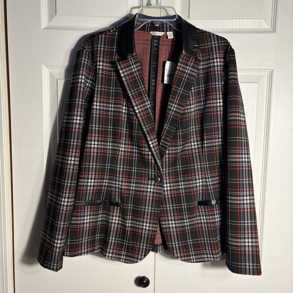 CATO Plaid Blazer Women XL Red Black Single Button Faux Leather Collar Academia